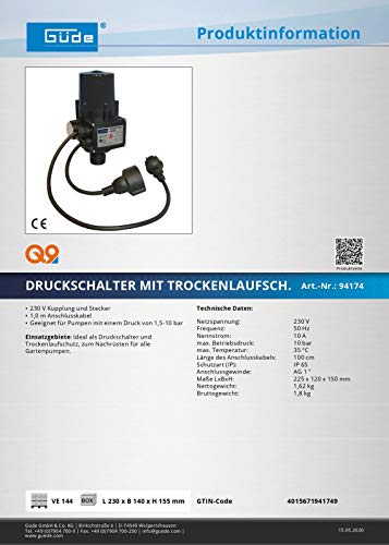 Güde Druckschalter mit Trockenlaufschutz (230 V, Nennstrom: 10 A, max. Betriebsdruck: 10 bar, max. T