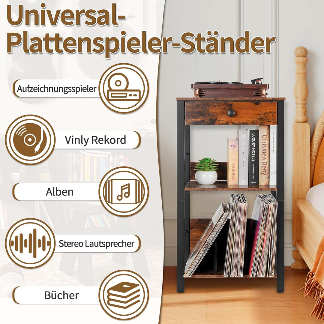OUUTMEE Vinyl Plattenspieler Ständer, 3-stufiger Plattenspieler Tisch mit Schublade und Ablage für b