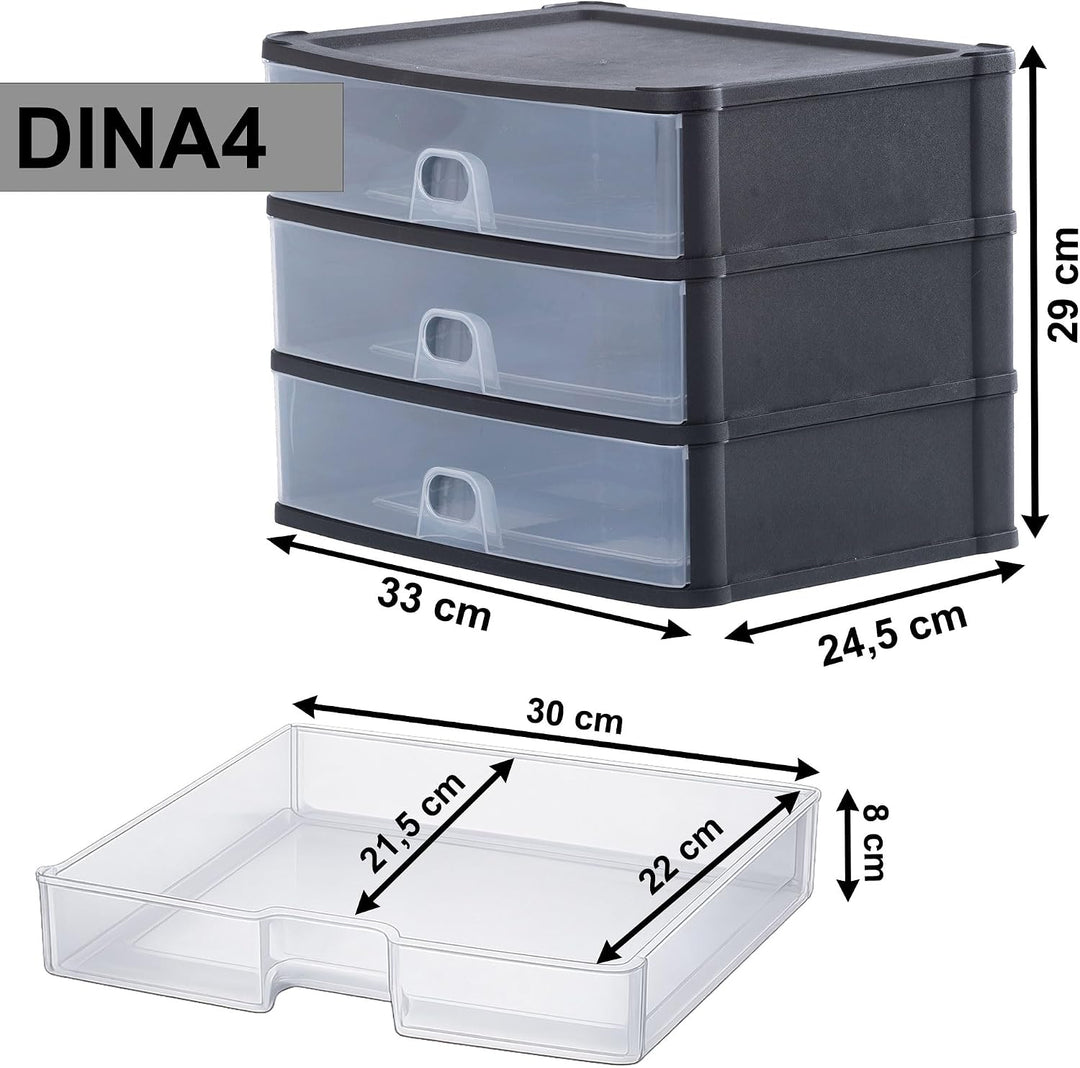 Schubladenbox mit 3 Schubladen 33x25x29cm DINA4 schwarz-transparent Drawer 3 hohe Schubladen, 3 hohe