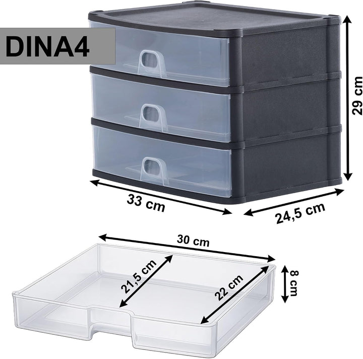 Schubladenbox mit 3 Schubladen 33x25x29cm DINA4 schwarz-transparent Drawer 3 hohe Schubladen, 3 hohe