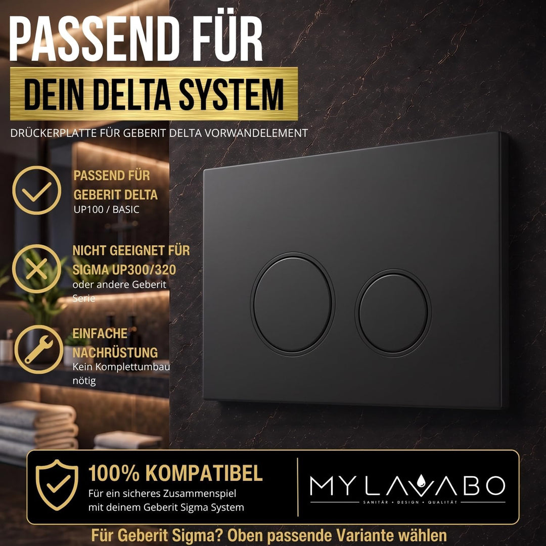 Drücker- & Betätigungsplatte passend für Geberit Delta (Kunststoff, schwarz, schwarze Ringe) | sw-sw