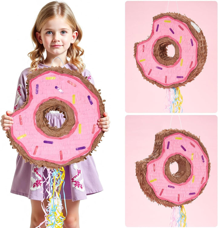 WERNNSAI Donut Pinata – Geburtstag Deko Piñata Mädchen Kinder Rosa Donut Piñata mit Stock Augenbinde