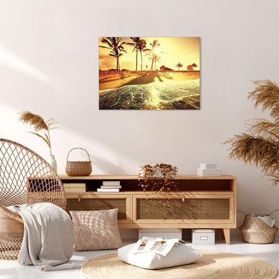 Bilder auf Leinwand Strand Meer Palme Leinwandbild mit Rahmen 70x50cm Wandbilder Dekoration Wohnzimm