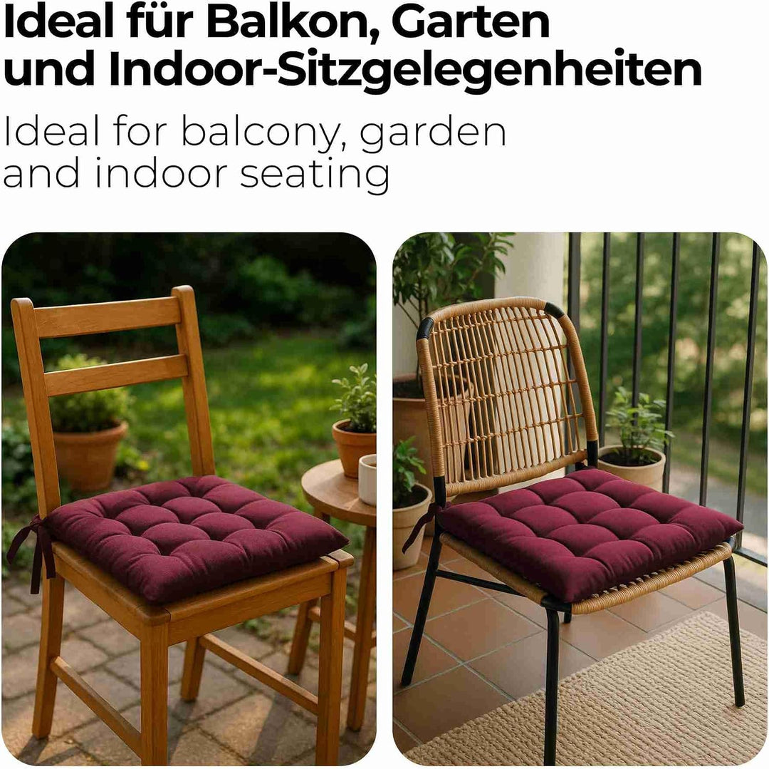 etérea 2er Set Sitzkissen Outdoor 40x40 mit Bändern - Stuhlkissen Bordeaux für Gartenstuhl &amp; Innenbe