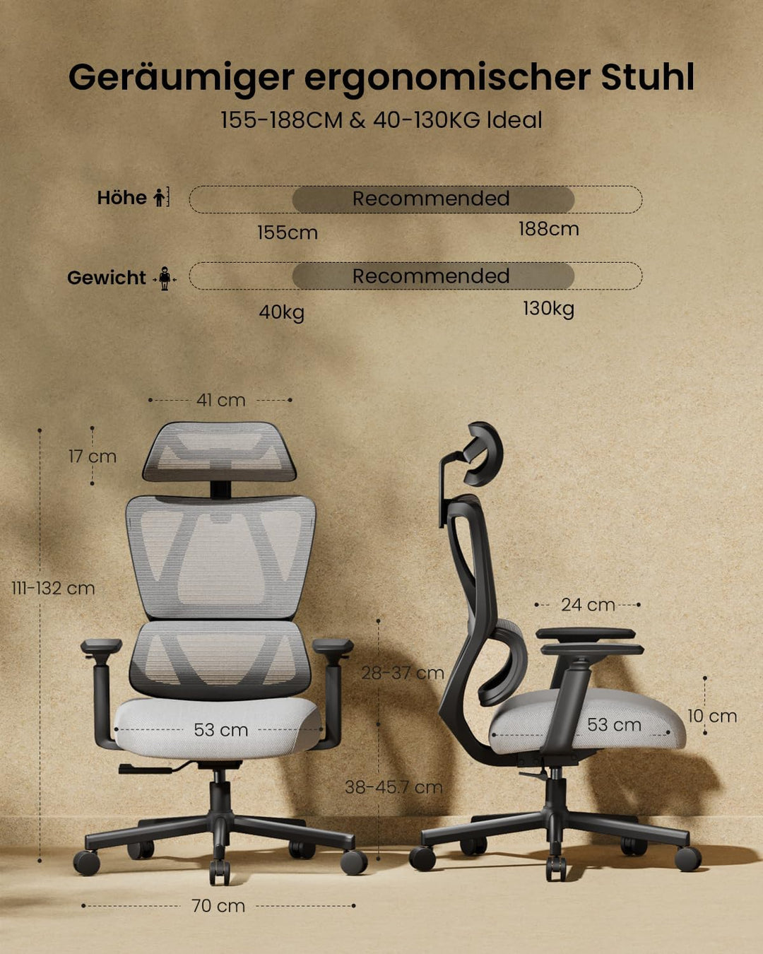 ProtoArc EC100 Ergonomischer Bürostuhl – Computer-Schreibtischstuhl mit 10 cm dickem Federkissen, Le