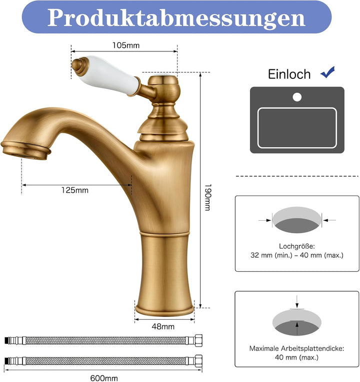 Wasserhahn Bad, Waschtischarmatur Mischbatterie Waschbecken Armaturen, Einhebel-Badezimmer mit Keram