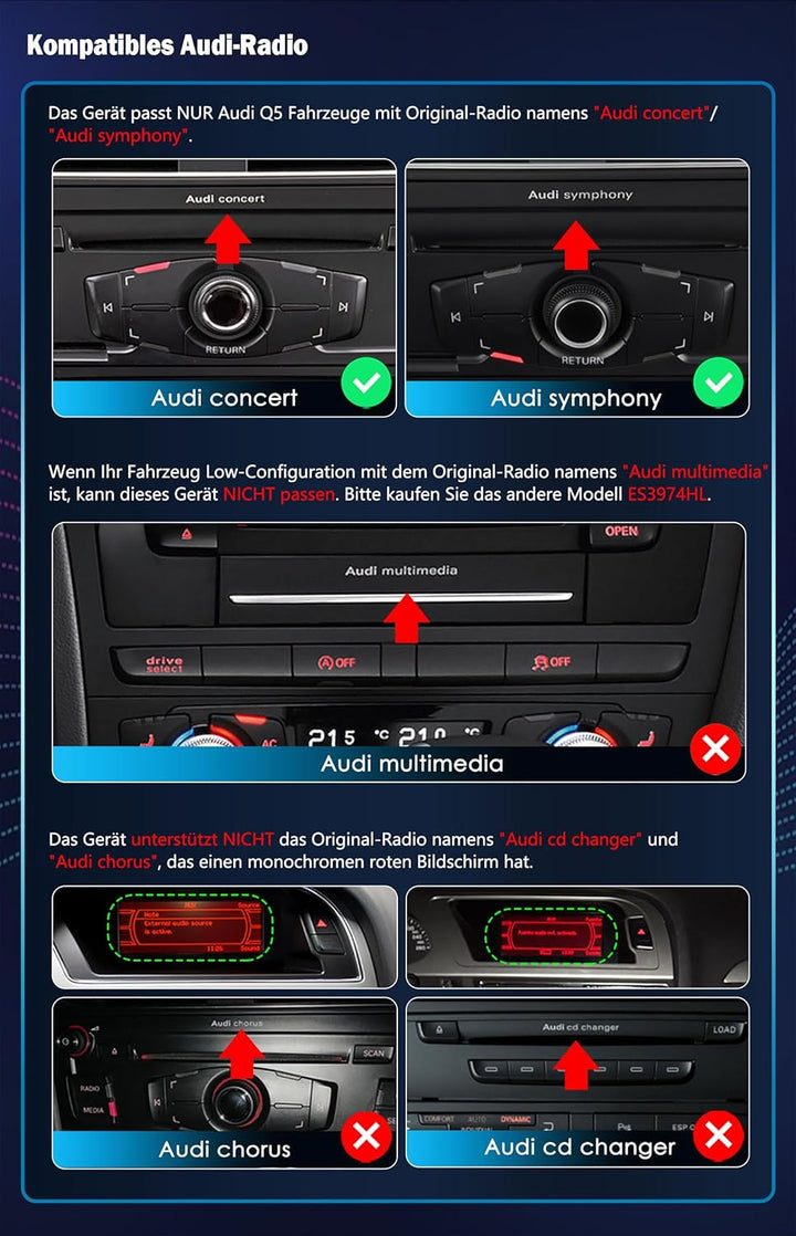 Erisin 8-Kern 4GB RAM+64GB ROM Android 14 Autoradio GPS Navi für Audi Q5 2009-2016 10,25 Zoll IPS Bi
