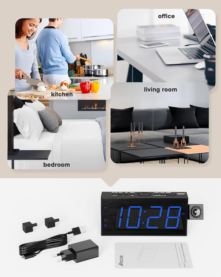 ROCAM Wecker mit Projektion, Projektionswecker mit USB Ladegerät, Batterie-Backup, 350°Projektor & D