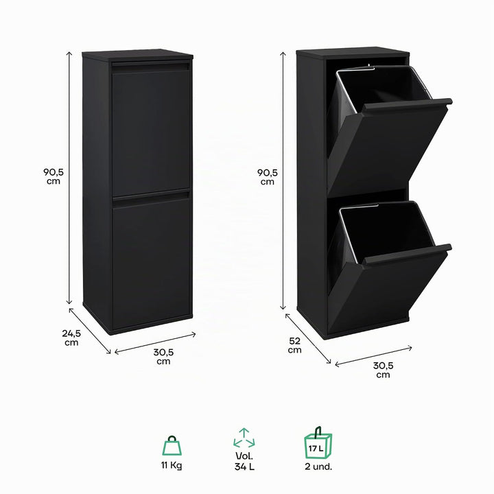 ARREGUI Basic CR206-B Recycling Abfalleimer/Mülleimer aus Stahl, Mülltrennsystem mit 2 entnehmbaren