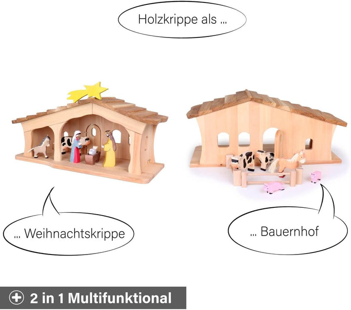 Holzspielzeug Peitz Weihnachtskrippe aus Holz | Krippenstall mit Stall und Hauptraum | Vielseitig al