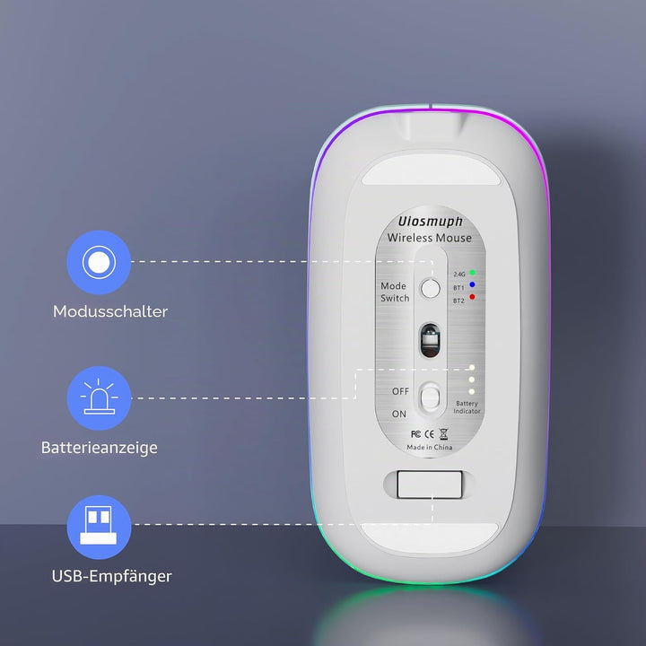 Uiosmuph Bluetooth Maus Kabellose, LED Funkmaus wiederaufladbar Leise Wireless Mouse 2.4GHz Kabellos