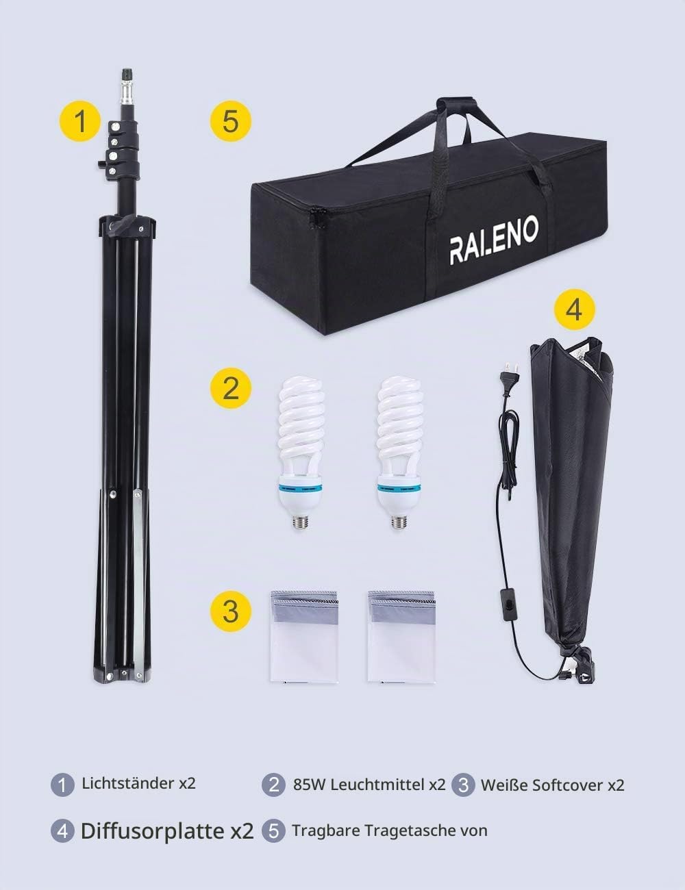 RALENO Softbox Fotostuido Set, 50 x 70cm Fotografie-Dauerbeleuchtungssystem mit 2 x 85W 5500K Glühbi