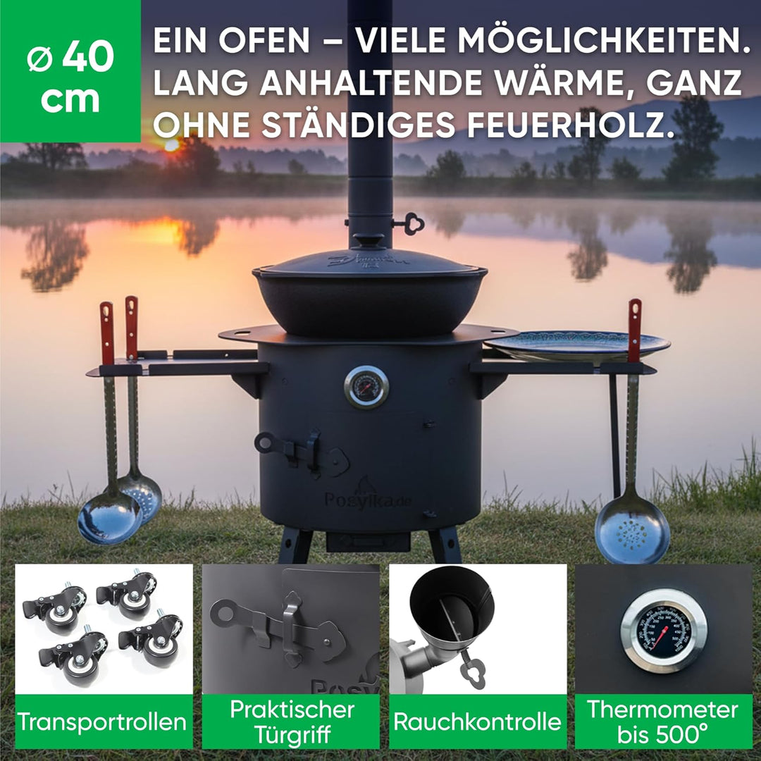 Feuerofen Utschak Ø 40cm mit Gusseisen Kazan Wok 12L Ø 42,5cm | Kasan mit Deckel | Учаг Outdoor Feue