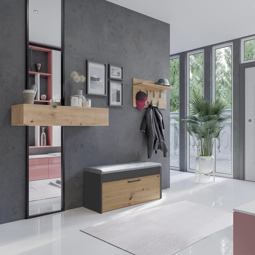 VBChome Schuhschrank mit Sitzfläche und Stauraum 100 x 35 x 49 cm Eiche Artisan - Antrazit Griffe Sc