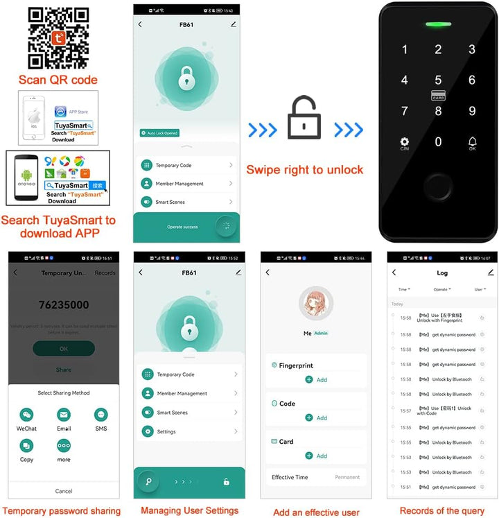 QTTYELOK Bluetooth Tuya Zutrittskontrollsystem-Kit IP68 wasserdichte Fingerabdruck RFID Tastatur + N