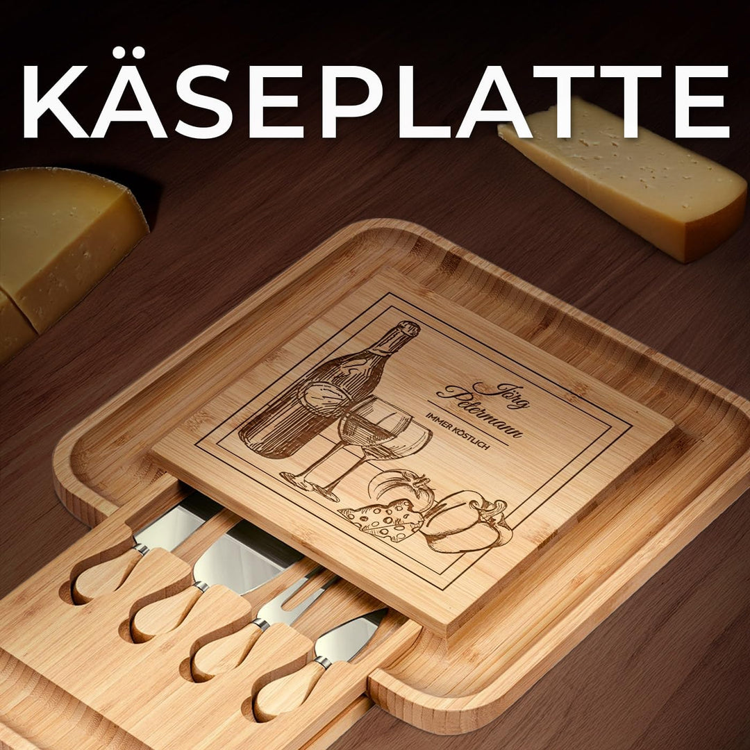 Maverton Käsebrett Servierplatte mit Gravur + 4er Käsemesser Set - aus Holz - 34x34cm - Geschenke fü