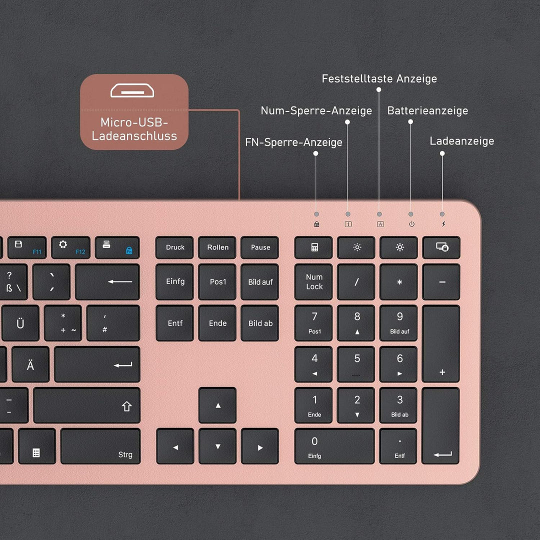 seenda Funktastatur mit Maus, Wiederaufladbare Ultra-Dünne Tastatur Maus Set Kabellos, Ergonomische