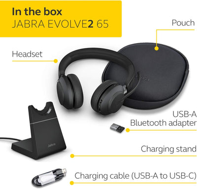 Jabra Evolve2 65 Wireless PC Headset with Charging Stand – Noise Cancelling UC Certified Stereo Head