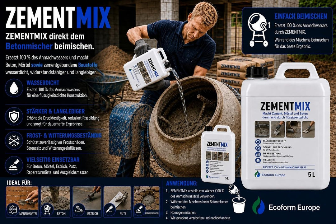 Ecoform Zementmix - Betondichtmittel für WU Beton - flüssigkeitsdichten Beton - Frostschutz &amp; wasser