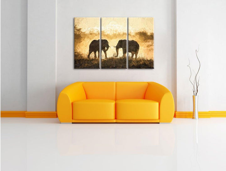 Pixxprint kämpfende Elefanten Kunst als Leinwandbild/Grösse: 3 Teilig (120x80 cm) cm/Wandbild/Kunstd