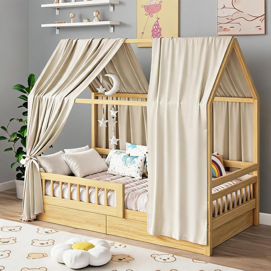 Hausbett Himmel Set, 2 Stück Betthimmel Hausbett, Leichter Atmbar Baumwoll Himmelbett Vorhängemit, M