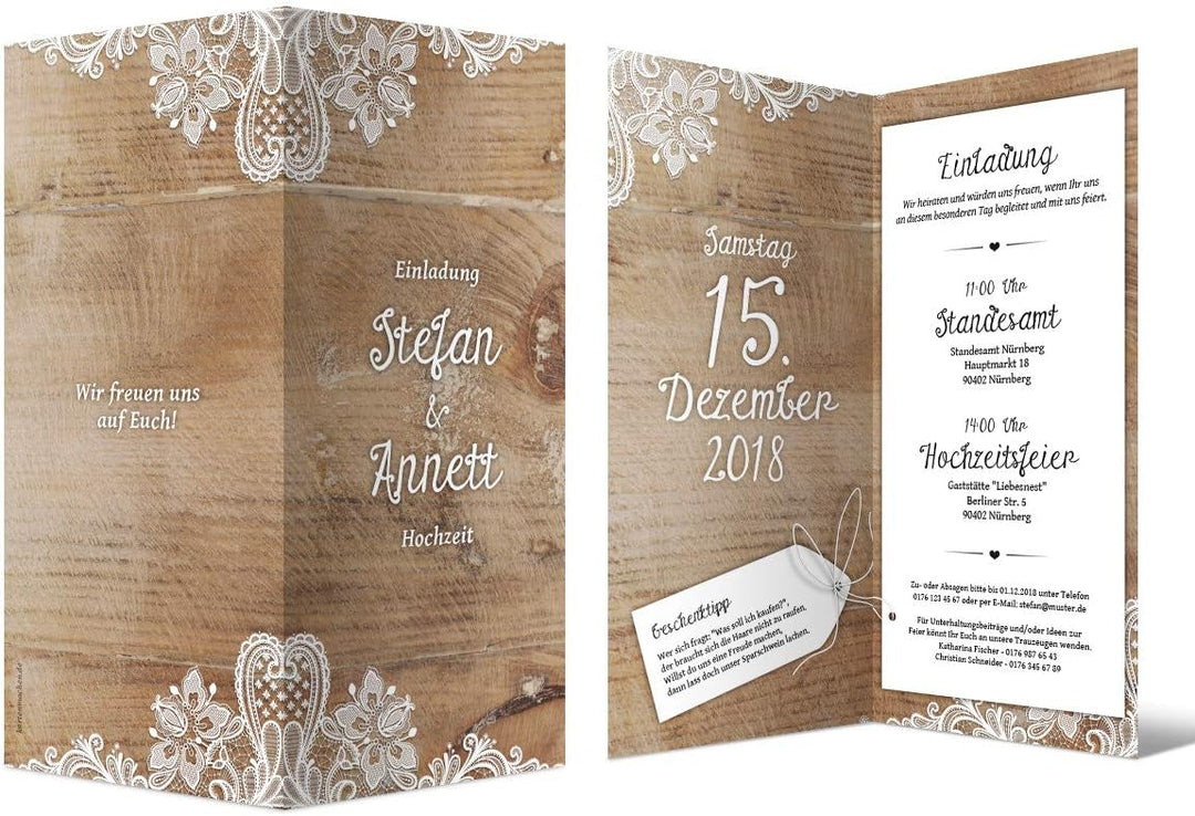10 x Hochzeitseinladungen individuell mit Ihrem Inhalt als DIN Lang hoch Klappkarte 99 x 210 mm - Ru