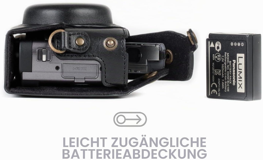 MegaGear MG1258 Panasonic Lumix DC-TZ95, DC-TZ90 Ever Ready Leder Kamera-Case mit Trageriemen - Schw