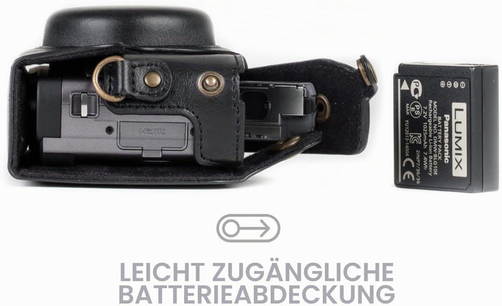 MegaGear MG1258 Panasonic Lumix DC-TZ95, DC-TZ90 Ever Ready Leder Kamera-Case mit Trageriemen - Schw