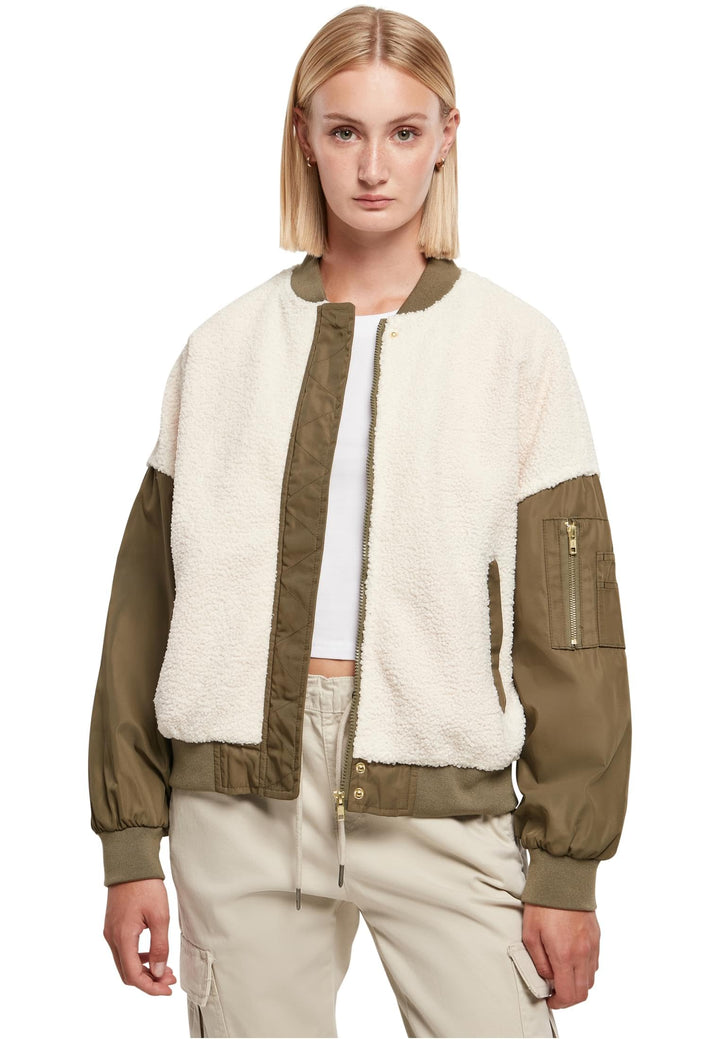 Urban Classics Damen Ladies Oversized Sherpa Mixed Bomber Jacket M whitesand/darkolive, M whitesand/