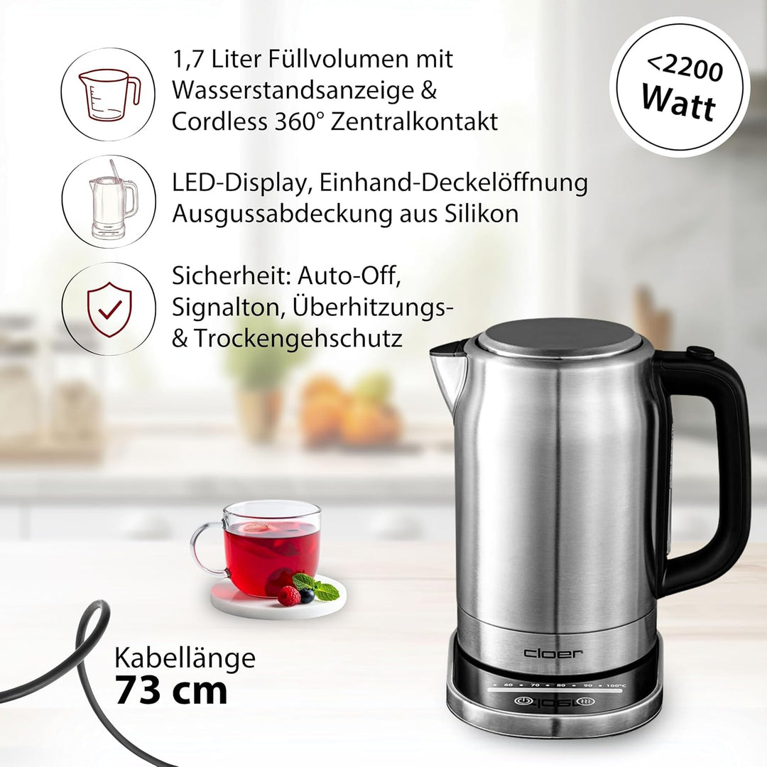 Cloer 4459 Touch-Wasserkocher, Basisstation mit Glasoberfläche-LED-Anzeige, 1,7 Liter, Edelstahl Tou