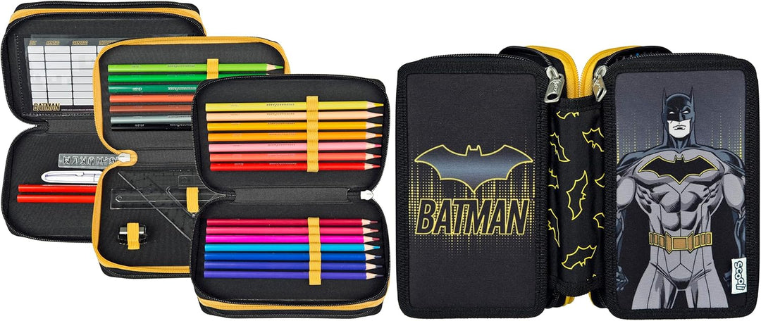 Scooli - Tripledecker Batman - Gefülltes Schüleretui mit hochwertigen Stiften & Zubehör - Ideal für
