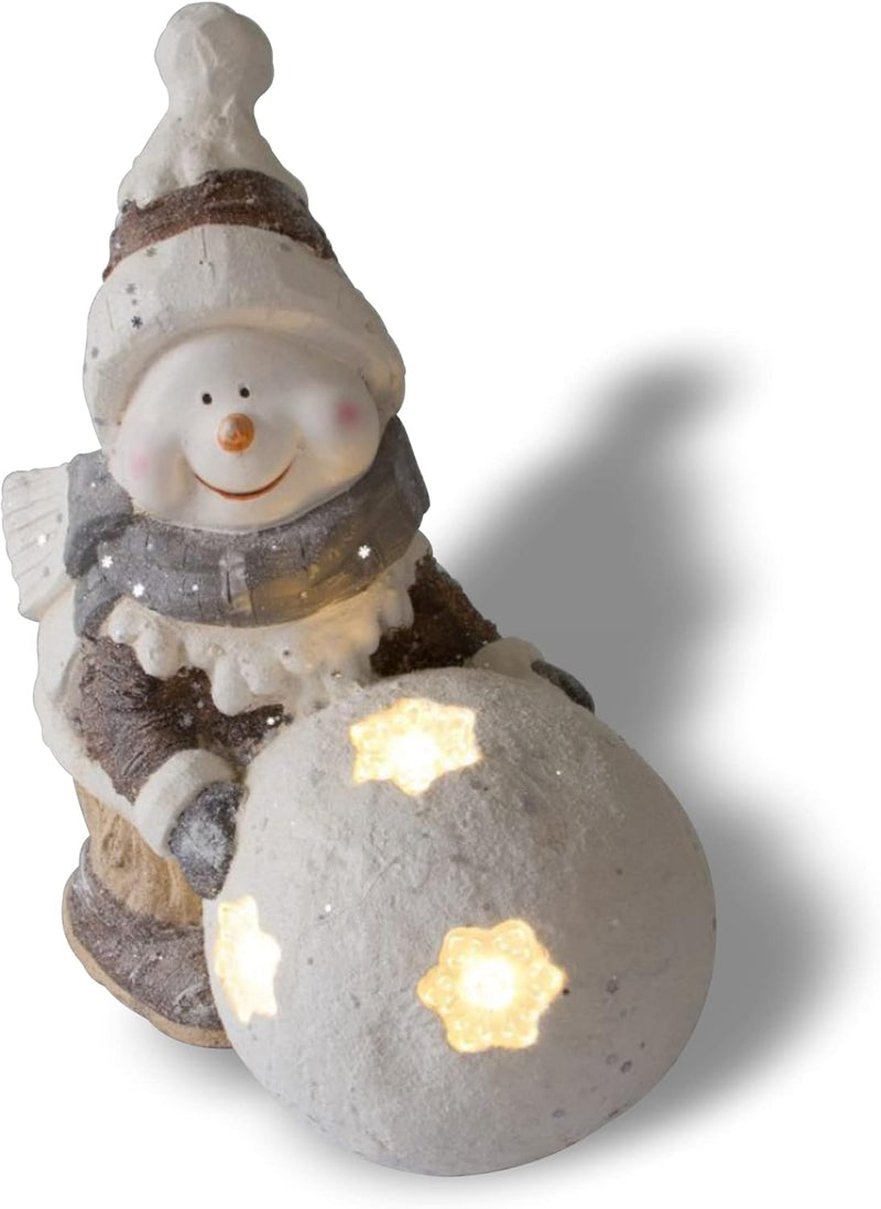 NATIV Weihnachtsdeko Schneemann mit LED beleuchteter Schneekugel | Weihnachtsschmuck aus Magnesia |