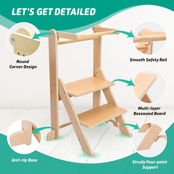 Lernturm ab 1 Jahr, Montessori Lernturm klappbar mit 2-facher Höhenverstellung, Holz Learning Tower