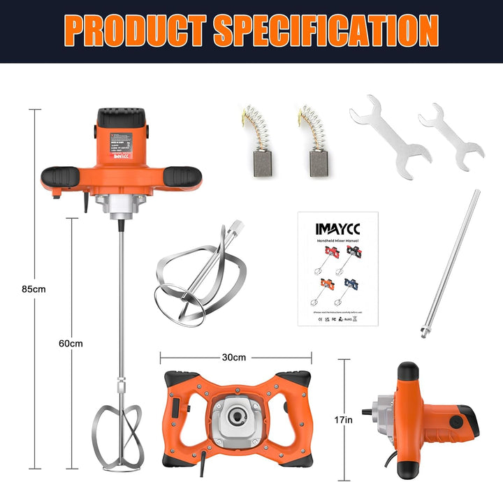 IMAYCC 2100W Mörtelrührer, Betonmischer, Rührwerk Beton with 6 Speed, Quirl Mörtelrührer M14, Rührge