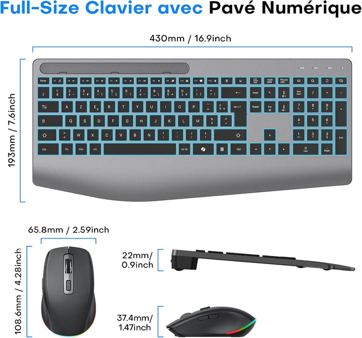 OMOTON Tastatur Maus Set Kabellos – 2,4GHz Ergonomische Tastatur (Space Grau Schwarz-AZERTY), Space