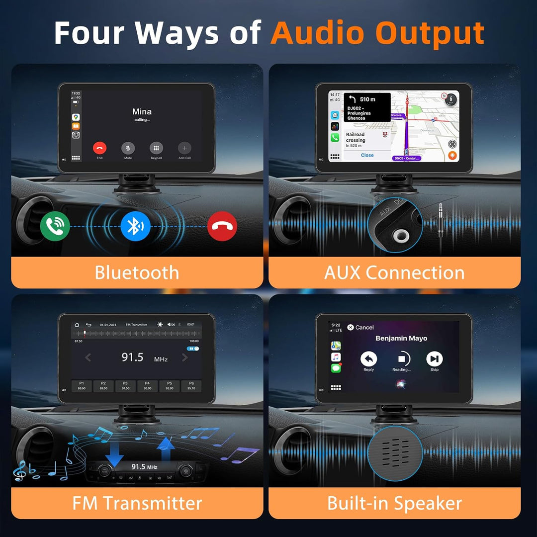 7 Zoll Wireless Carplay Display für Apple Carplay & Android Auto, Tragbares Autoradio mit 2.5D HD To