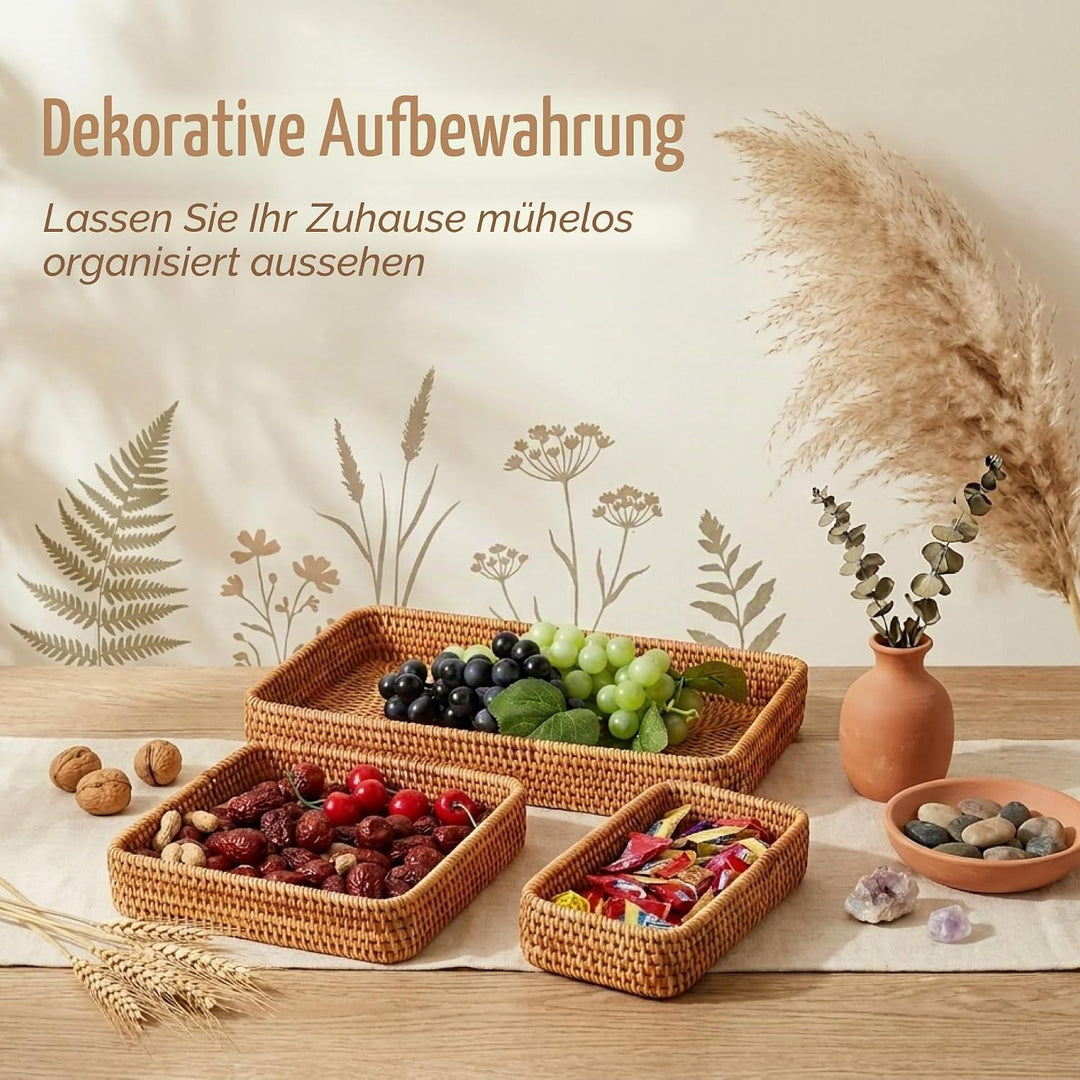 Rattan Serviertablett, Korbtablett Rechteckiges, Natürliches Gewebtes Dekoratives Tablett zum Organi