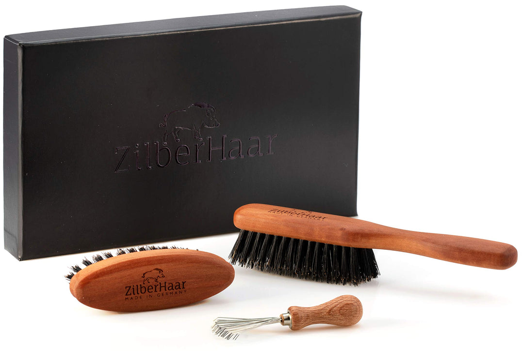 ZilberHaar Bartbürsten-Pflegeset für Männer - 1 Bartbürste + 1 Taschenbürste + 1 Bürsten Reinigungsw
