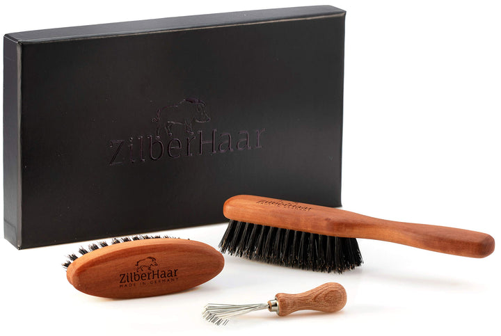 ZilberHaar Bartbürsten-Pflegeset für Männer - 1 Bartbürste + 1 Taschenbürste + 1 Bürsten Reinigungsw