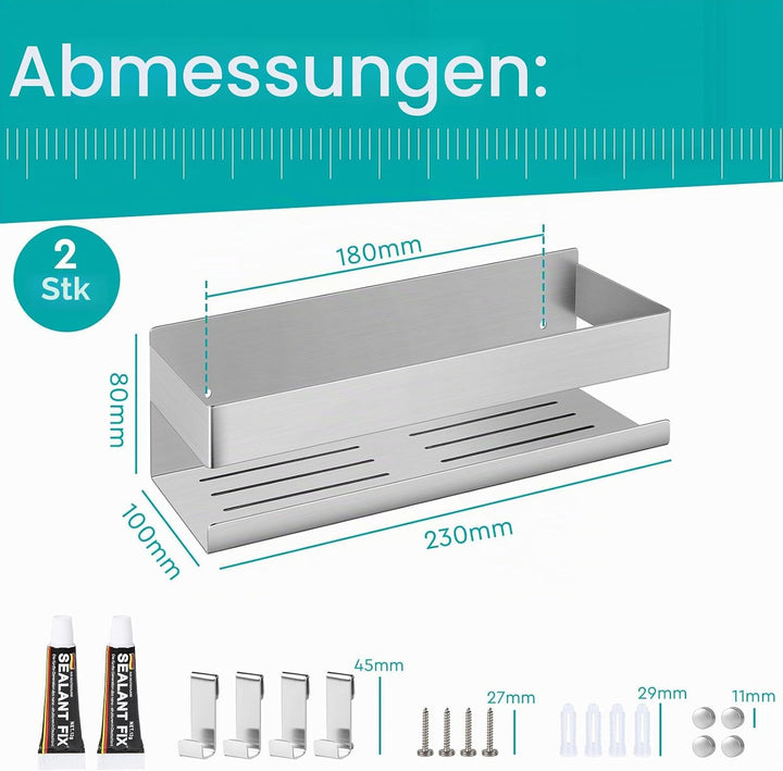EXLECO 2x23CM Duschablage Ohne Bohren Duschregal Wand Edelstahl Badregal mit 2 Haken Duschkorb zum B