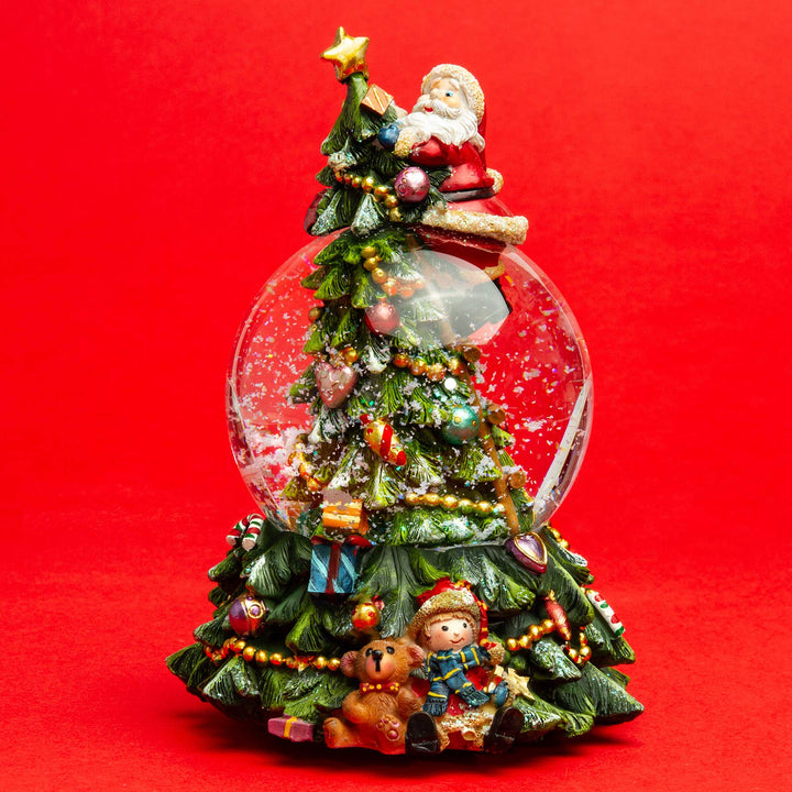 SIKORA SK17 Grosse Glas Deko Schneekugel Weihnachtsmann auf dem Weihnachtsbaum D:100mm mit aufziehba