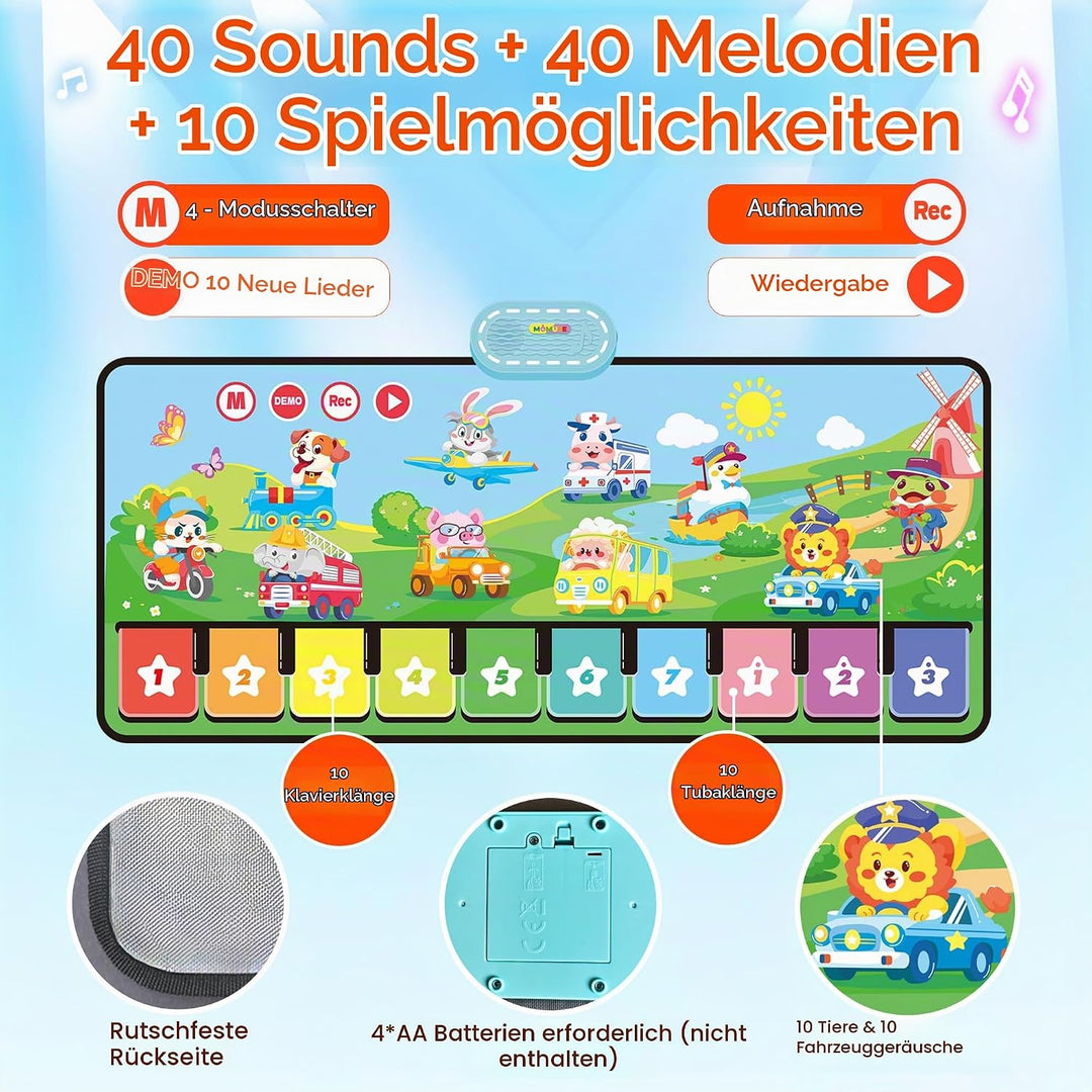 MOMUSE Baby Spielzeug ab 1 Jahr mit 80 Tönen, Grosse Musikmatte mit 10 Tiere &amp; 10Autos, Klaviermatte