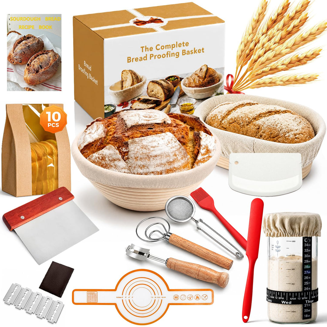 Gärkörbchen Sauerteig Starter Set, 2 Rattan Gärkörbchen (25cm Ovale & 23cm Runde), Sauerteig Glas, K