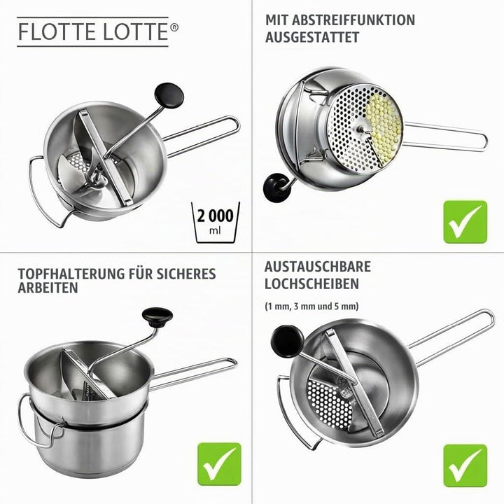 GEFU Passiergerät Flotte Lotte - manuelle Edelstahl-Passiermühle inkl. 3 Lochscheiben mit unterschie