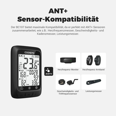 COOPSO BC107 Fahrradcomputer GPS Kabellos Drahtloser Fahrradtacho Kilometerzähler, Bluetooth5.0 ANT+