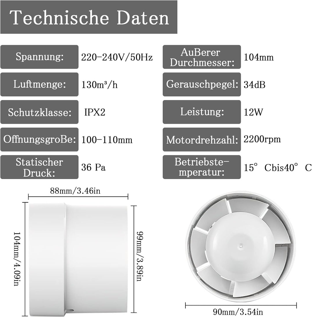 Kanal Rohrventilator 100mm Inline Abluftventilator, 107m³/h, Hohe Qualität, Leise, Rauchabzug Kanalv