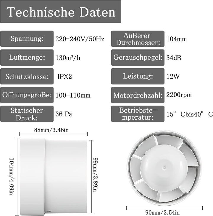 Kanal Rohrventilator 100mm Inline Abluftventilator, 107m³/h, Hohe Qualität, Leise, Rauchabzug Kanalv