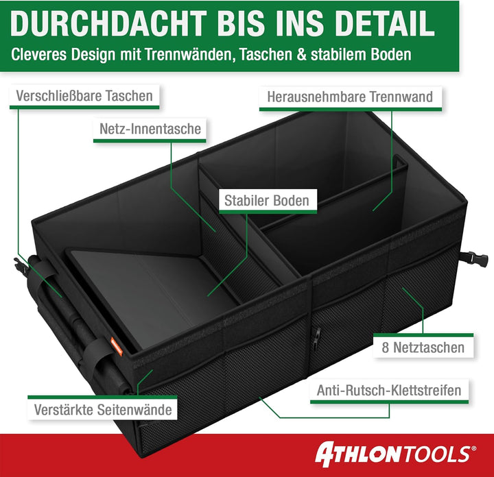 ATHLON TOOLS Kofferraum-Organizer XXL – faltbare Kofferraum-Tasche, rutschfest, verstärkt, stabil mi
