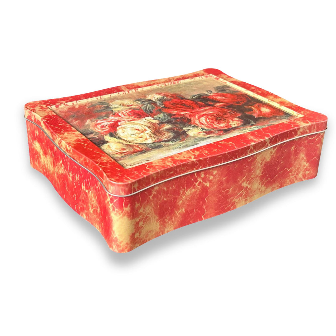 Rosendose - bezaubende, rot melierte Gebäckdose mit Rosen auf dem Deckel - lebensmittelecht - Keksdo
