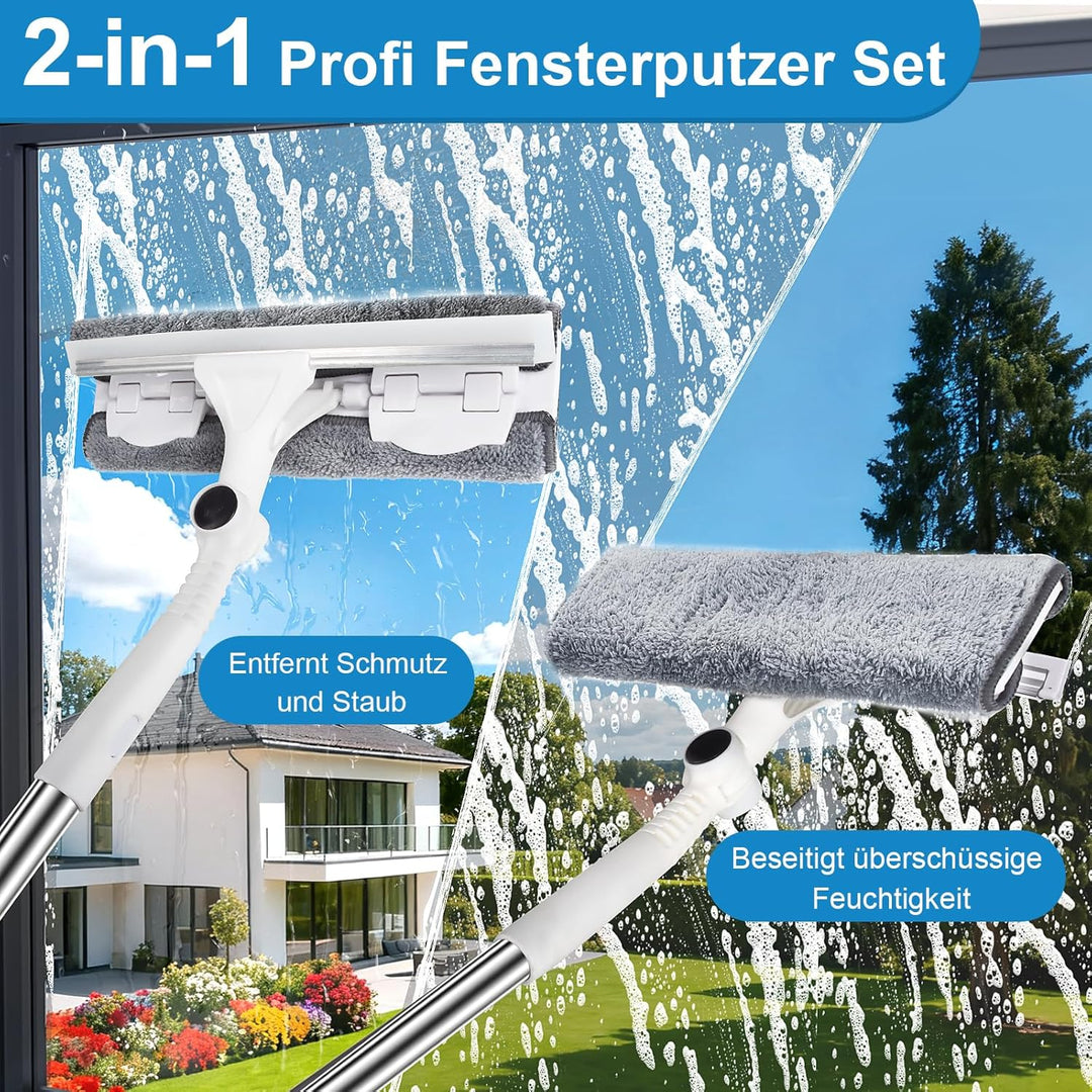 3,85m Teleskop Fensterwischer Set, 2 in 1 Profi Fensterputzer Set, Teleskopstange Fensterreinigung m